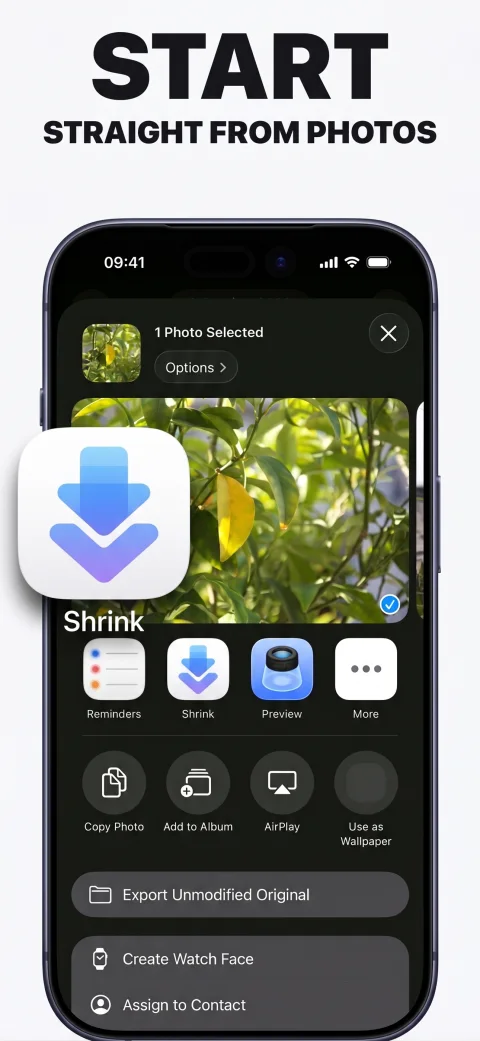 Photos share sheet with the Shrink action